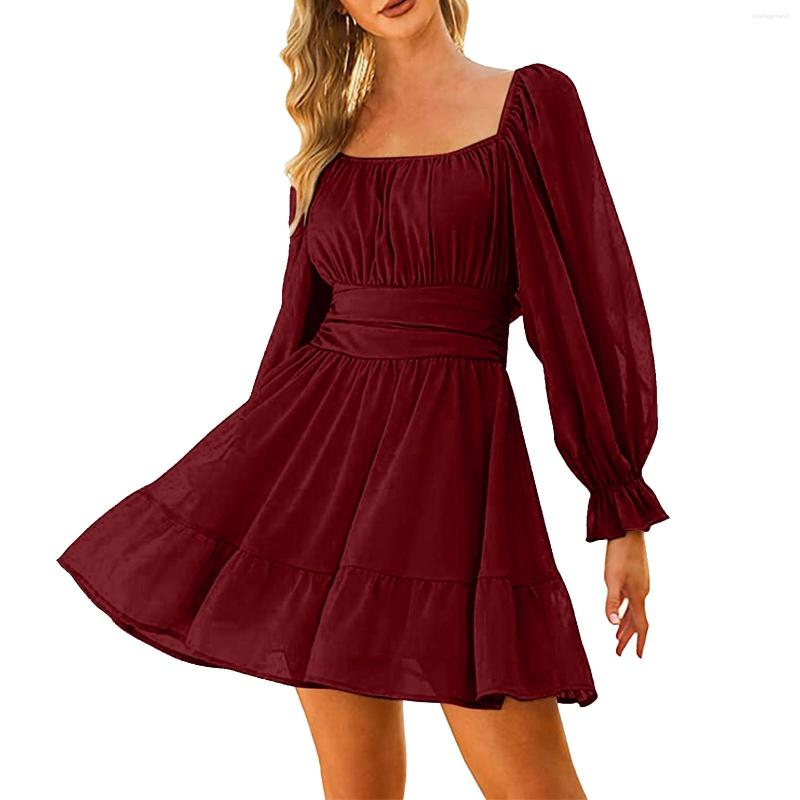 

Casual Dresses 2023 Women's Long Sleeve Square Neck Dress Frilled Backless Slim Mid Length Chiffon Large Hem Pleated Mini Fashion, Purple