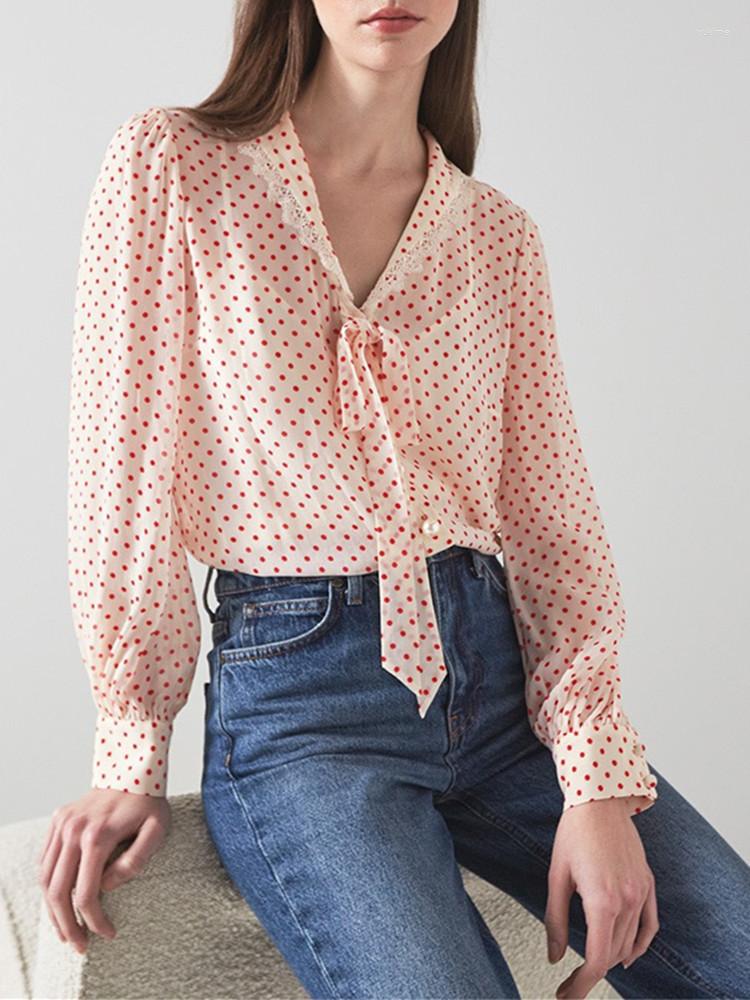 

Women's Blouses Women Polka Dot Single-breasted Silk Blouse Sweet 2023 Lace Trim Stitching Lace-up Collar Ladies Long Sleeve Shirt Tops, Red