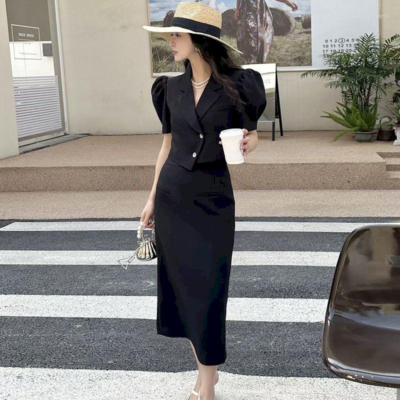 

Two Piece Dress Lnsozkdg Set Women Simple Vintage Bubble Sleeved Short Suit Jacket Elegant Slim Pencil Casual Party Female, Black