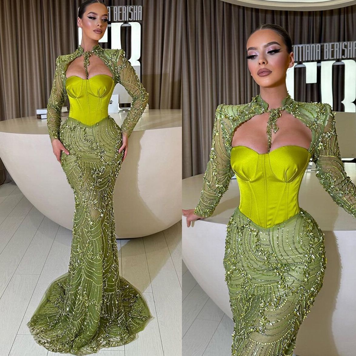 

Chic Green Mermaid Prom Dresses Long Sleeves Party Dresses Lace Appliques Sequined Custom Made Evening Dress, Dark green