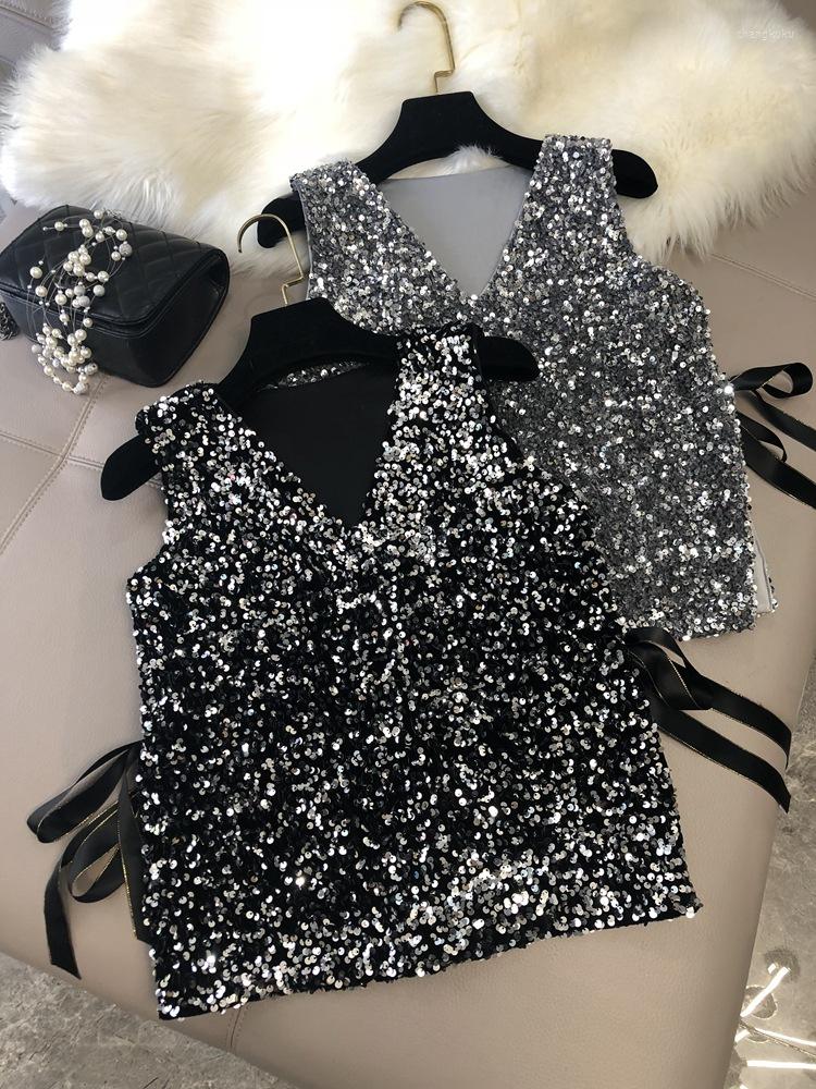 

Women' T Shirts Fashion Women' Heavy Industry Sparkling Sequin Vest Loose Lace Short One Hundred Matching Small Cardigan Tops 2023