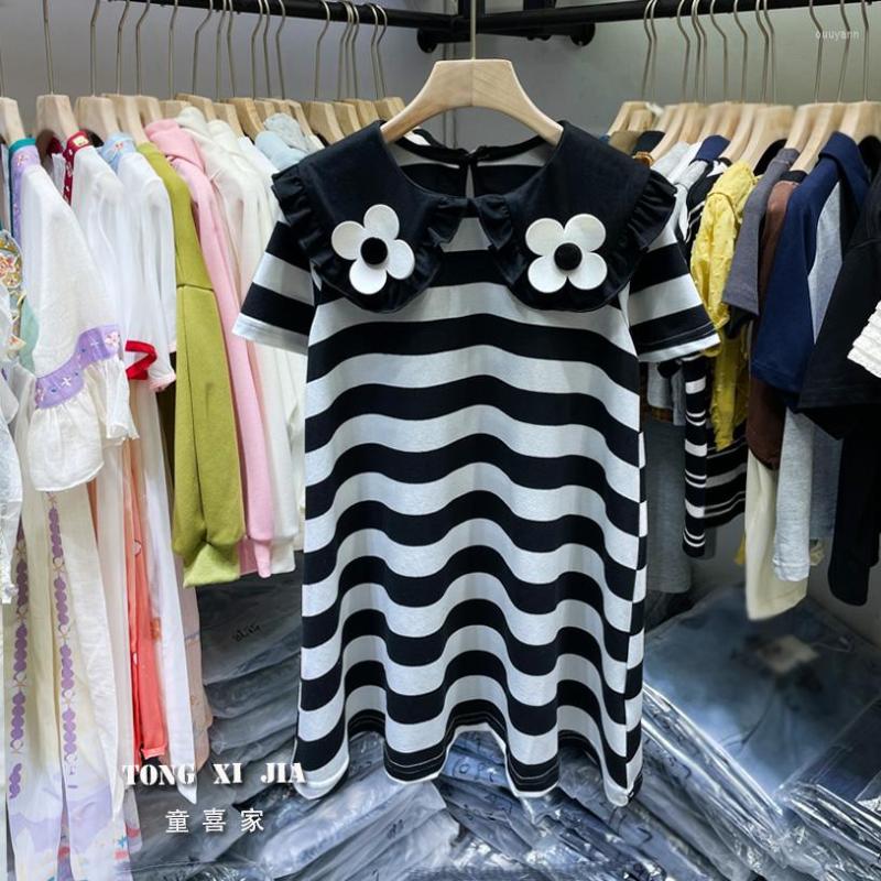 

Girl Dresses Girls' Dress Summer Thin Korean Baby Short Sleeve T-shirt Skirt Striped Polo Neck Flower, Stripe