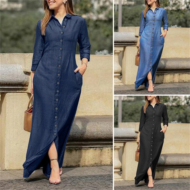 

Casual Dresses 2023 Spring Women Elegant Fashionable Temperament Unisex Style Long Sleeve Polo Cardigan Solid Color Denim Shirt Dress