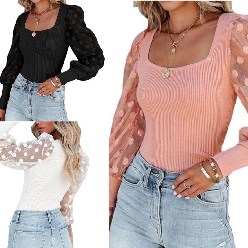 

Women's T Shirts Womens Polka Dot Puff Mesh Lace Long Sleeve Top Elegant Square Neck Casual Slim Fitted Ribbed Knitted Blouse M6CD, Black