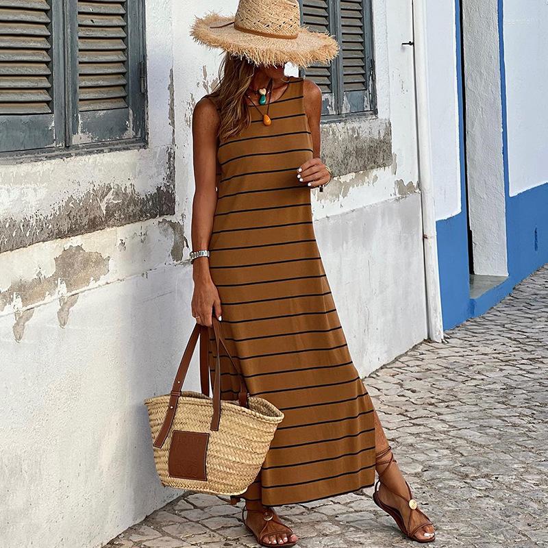 

Casual Dresses Summer Stripes Printed Vest Skirt 2023 Round Neck Sleeveless High Waist Slim-Fit Low Collar Long, Dark brown