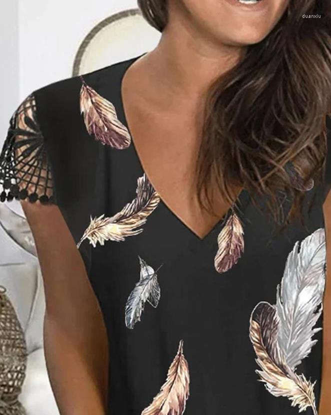 

Women' T Shirts Fashion 2023 Top Women Casual Summer Feather Print Contrast Lace Short Sleeve T-Shirt Clothing T-Shirts Pullover Tops