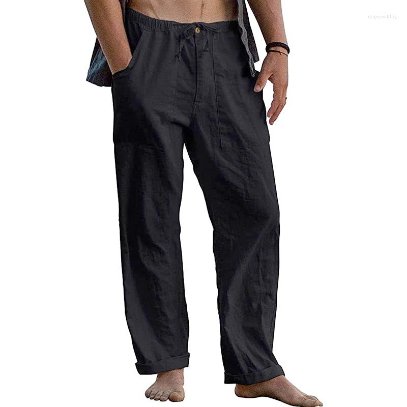 

Men's Pants Men Casual Trousers Wide Leg Cotton Linen Elasticated Waist Solid Color Long Pant Loose Summer Breathable Large Size, Blue