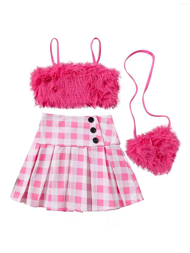 

Clothing Sets Kids Girl Summer Outfit Sleeveless Camisole Elastic Plaid Pleated Skirt Crossbody Bag 3Pcs Set Cute Clothes, A-pink