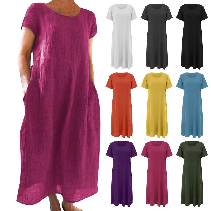 

Casual Dresses Linen Midi Dress Women's Summer Sundress 2023 Vintage Short Sleeve Tunic Vestidos Female Pleated Party Robe Clothing, Green