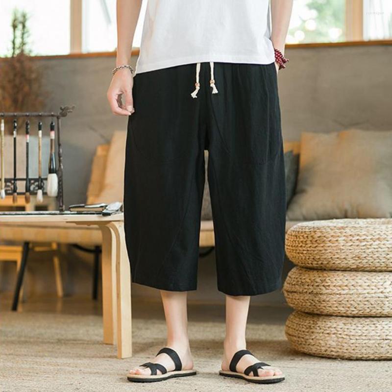 

Men's Pants Men Summer Drawstring Elastic Waist Solid Color Mid-calf Length Pockets Daily Wear Wide Leg Plus Size Trousers Clothes, Black