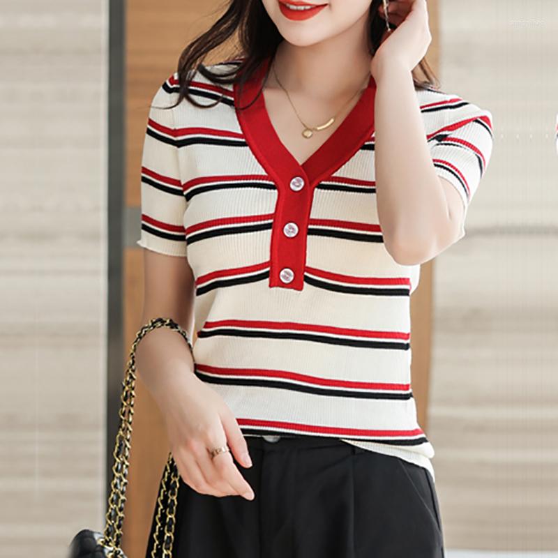 

Women's T Shirts Camisetas De Mujer Knitted Striped Shirt Women Summer 2023 Button Womens Tops Short Sleeve Tee Woman Clothes, Red