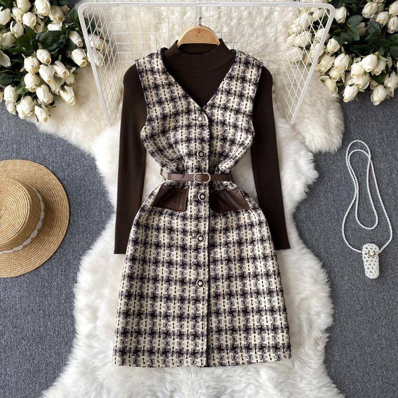 

Work Dresses Spring French Bird Check Waist-skimming Long-sleeved Knitted Bottoming Dress Undershirt Two-piece Set, Black