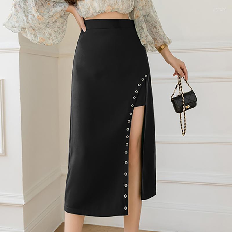 

Skirts Lady High Waist A-Line Black Midi Womens Sexy Slit Side Buckle Front Skirt Clubwear Irregular Women Bottoms Faldas Largas