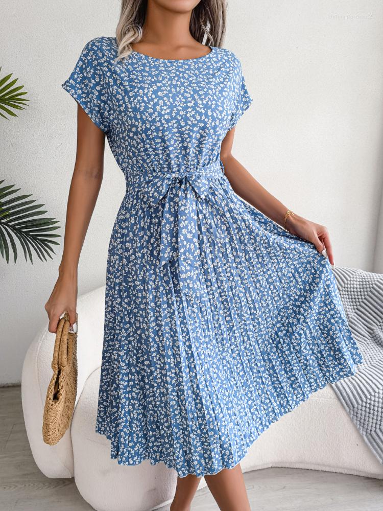 

Casual Dresses Elegant Women Pleated Summer Floral Print Short Sleeve Midi High Waist Lace Up Loose Beach Dress Vestidos, Ea00922-yellow