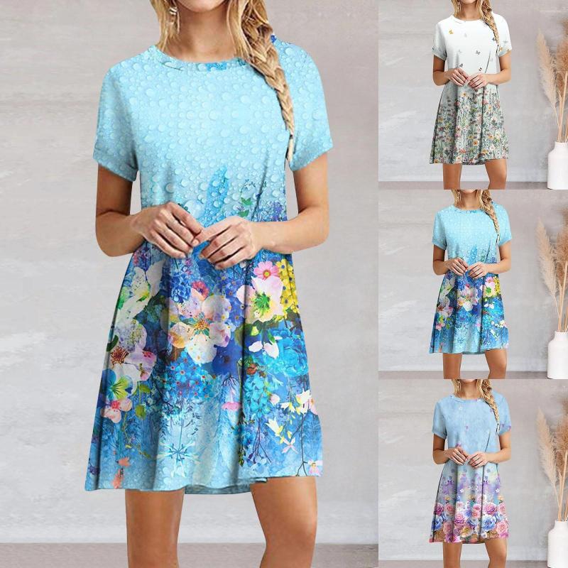 

Casual Dresses Women Mini Summer Ruffle Short Sleeve Cute Crew Neck Flowy Dress, Blue