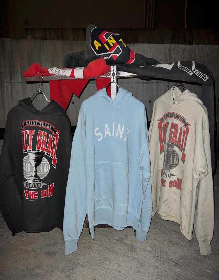 

Designer Fashion Hoodie Saint Michael Cobranded Holy Grail Letterprinted Vintage Sweater American Casual Loose Men039s And Wo6090663, Gray