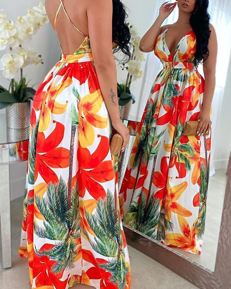 

Casual Dresses Floral Print Backless Maxi Dress Women Loose Spring Summer Sleeveless High Waist Flower Printed Full Length Long, Multicolor