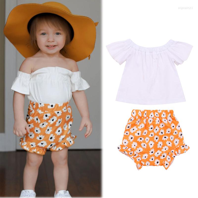 

Clothing Sets 6-36 Months Baby Girls Summer 2pcs Set Off Shoulder T-Shirt Shorts Floral Print High Waist Version Sweet Style Suits, Picture shown