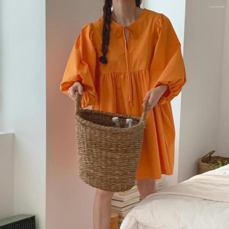 

Casual Dresses Korean Chic Summer French Lazy Wind Round Neck Lace-up Bow Fold Loose Bubble Sleeve Dress Female, Coral red