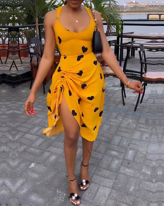 

Casual Dresses Women' 2023 Summer Fashion Heart Print Drawstring V-Neck Sleeveless Daily Midi A Line Dress