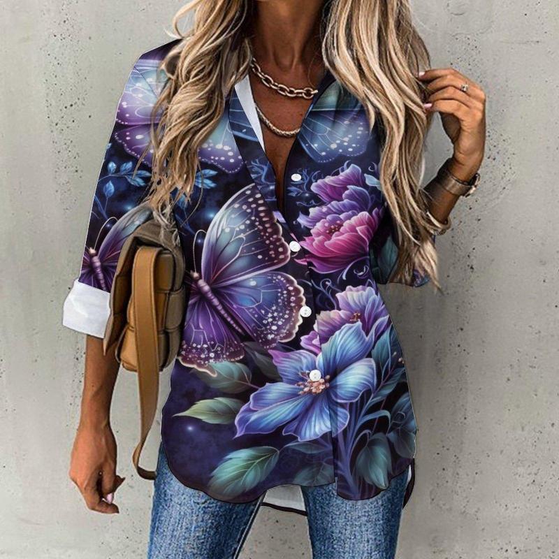 

Women' Blouses Butterflies Floral Print Loose Tops V-Neck Elegant Long Sleeve Autumn Women' Everyday Casual Design Prints Shirt, Blue