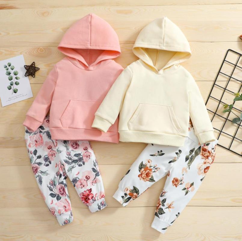

Clothing Sets Baby Girls Clothes Set Solid Color Long Sleeve Hooded Tops Floral Print Trousers Bow-knot Headband Autumn Spring, Pink