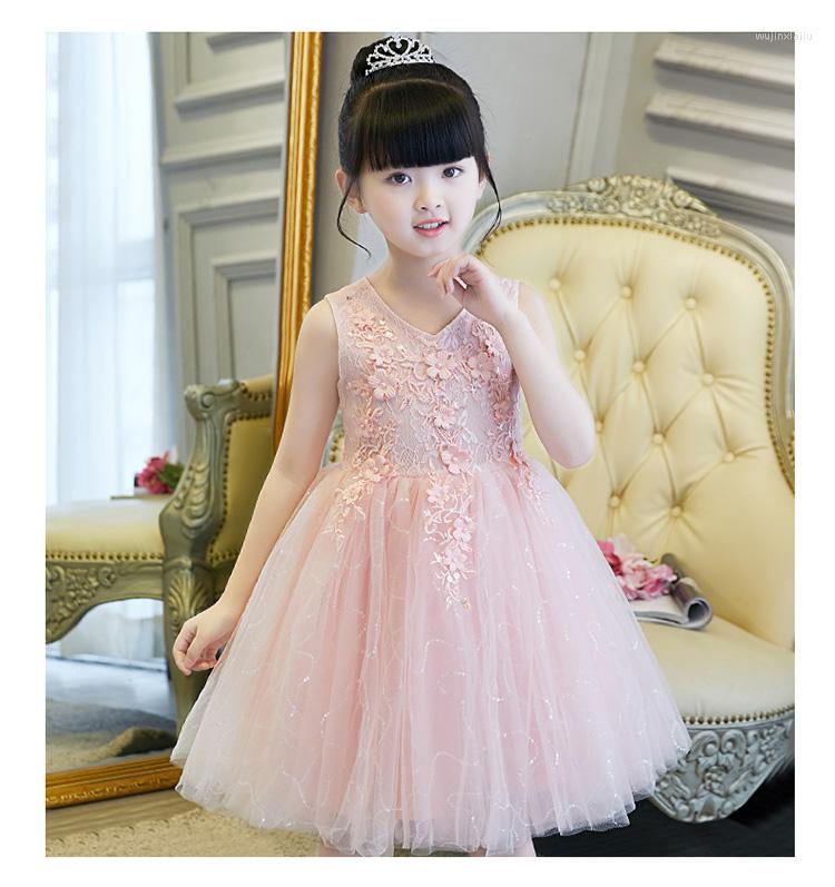 

Girl Dresses 2023 Summer Lase Wedding Dress Fashion Applique Sleeveless Children's Pink/white Performance Clothing, As picture1