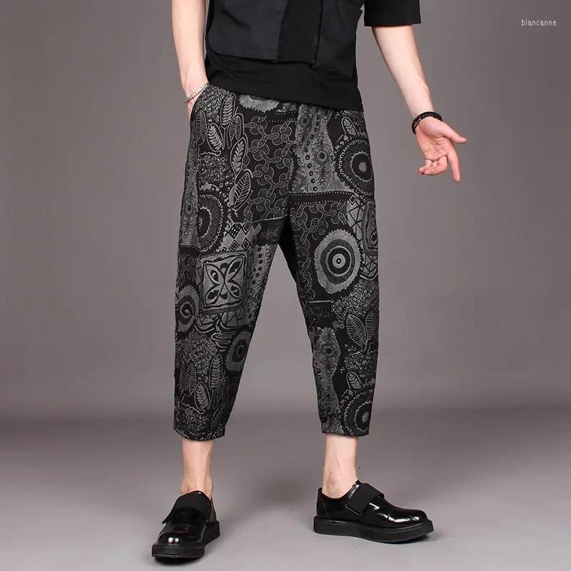 

Men's Pants Retro Men Clothing Summer 2023 Ice Silk Thin Material Printed Cropped Korean Baggy Haren Mens Casual Homme, Black