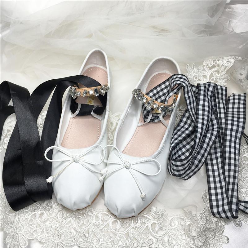 

Dress Shoes Round Toe Flat Cross Tie Ballet Casual Single For Women Zapatos Mujer Rhinestone Sweet Ladies Ribbon Bow, As shown
