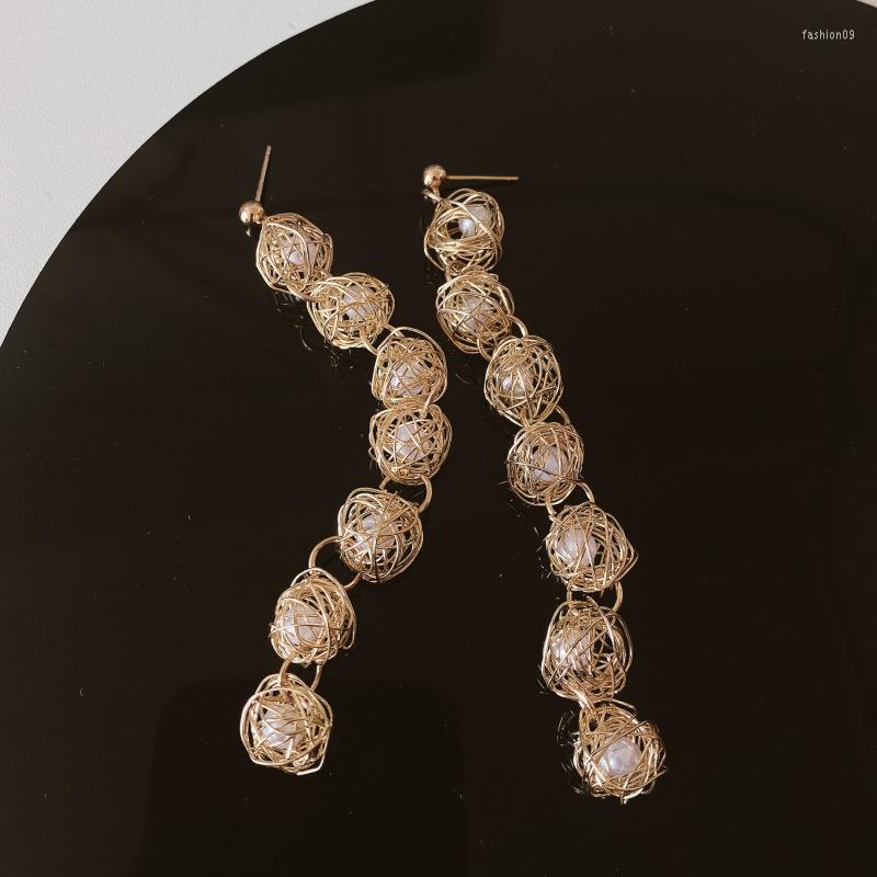 

Dangle Earrings Fashion Long Geometric Metal Wire Woven Ball For Women Imitation Pearl Hanging Drop Earring Statement Jewelry