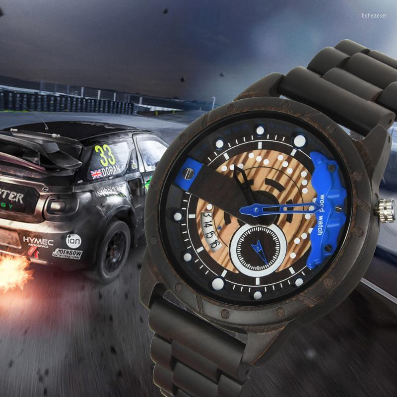 

Wristwatches Arder Quartz Men's Watch Blue Clock Brake Disc Wooden Date Fashion Watches For Men 2023, Black blue
