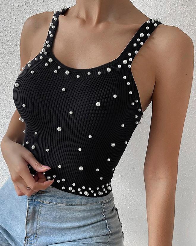 

Women' Tanks Sexy Women' Top 2023 Summer Fashion Pearl Decoration Thick Shoulder Strap Casual U Neck Sleeveless Tank Street Clothing