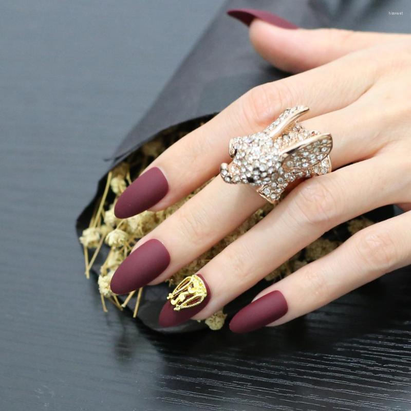 

False Nails Handmade INS Stiletto Burgundy Fake Matte Gold Jewelry, Box-golden