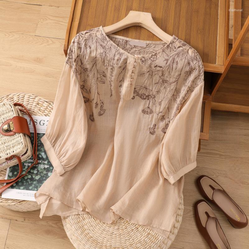 

Women's Blouses Cotton Linen Shirt For Women Summer 2023 In Floral Embroidery Vintage Fashion Loose Short Sleeve Top O-Neck, Khaki
