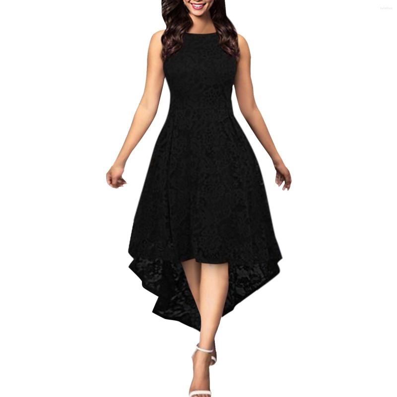 

Casual Dresses Women' For Summer 2023 Ladies Sexy Round Necked Sleeveless Lace Dress With Irregular Swing Midi Sundress, Black