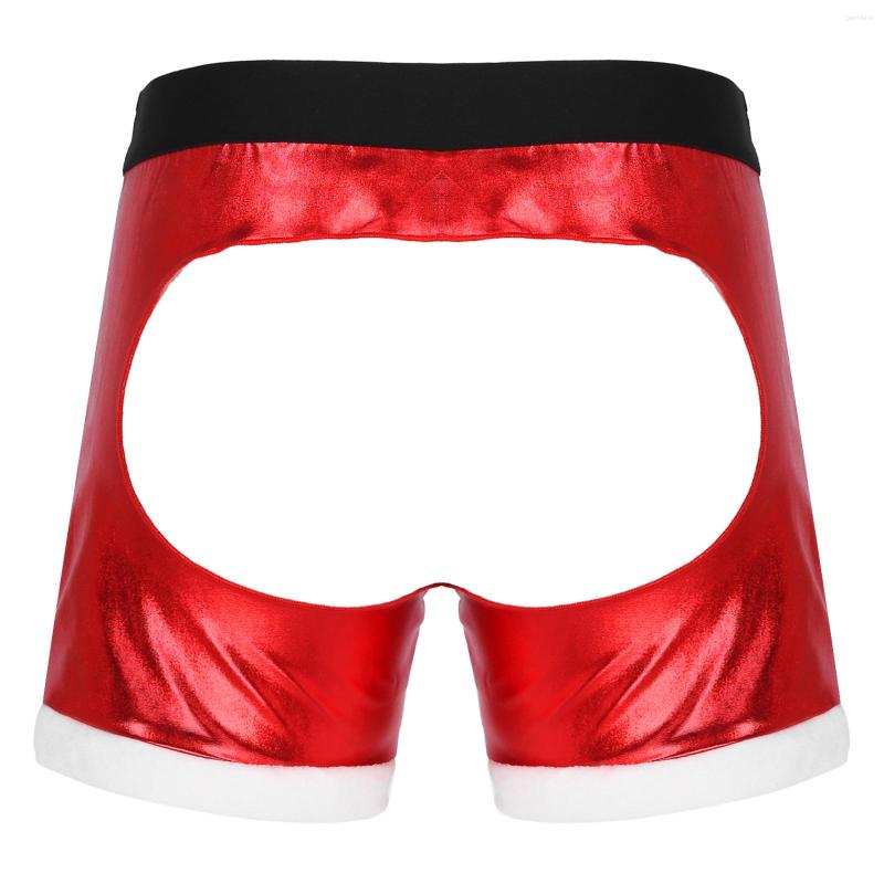 

Underpants Men Christmas Gift Metallic Shiny Open BuShorts Elastic Wide Waistband Bulge Pouch Boxers Flannel Trimming Underwear, Red