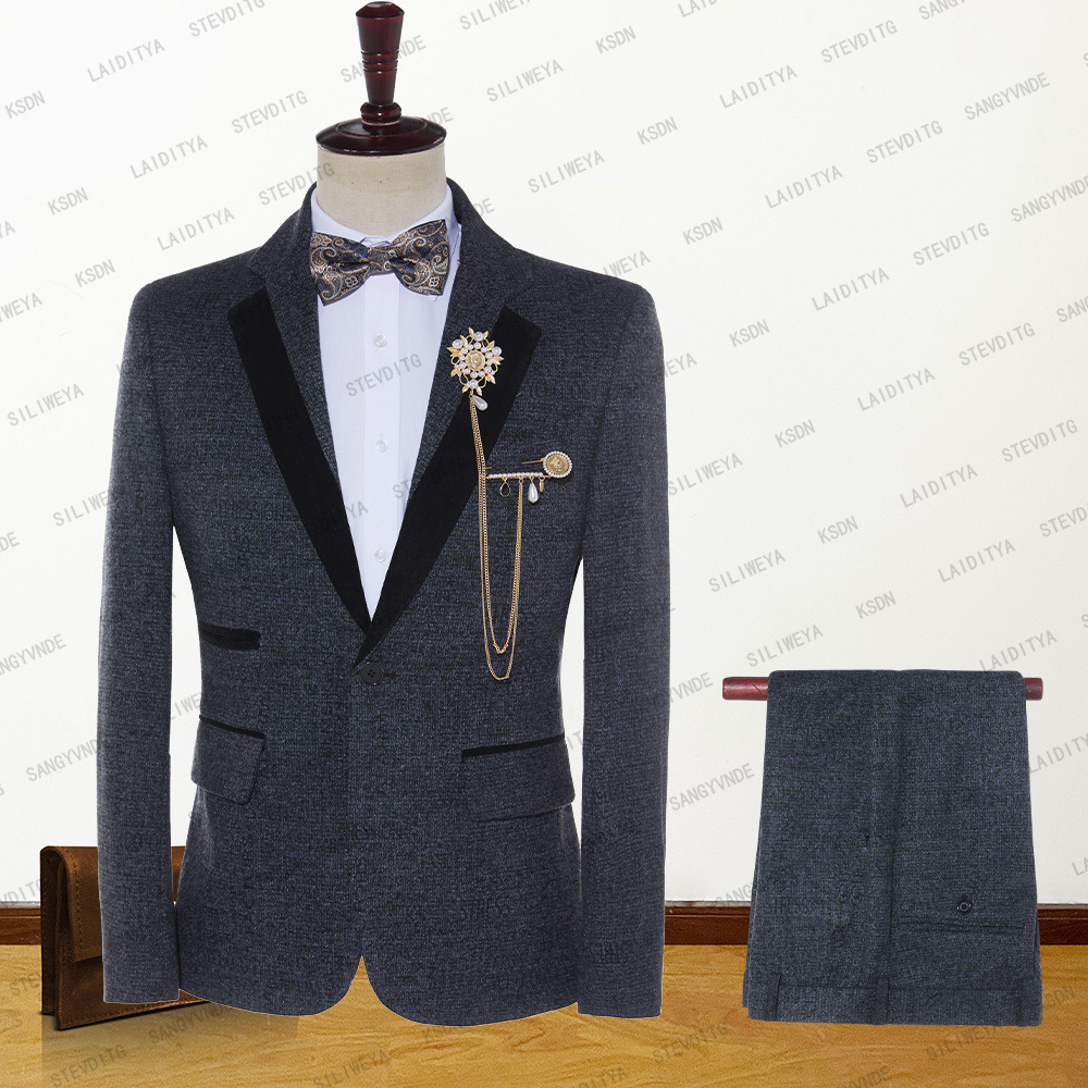 

Men's Suits Blazers Men's High Quality Business Blue Black Tweed Velvet Trimmed Wedding Groom Dress Two-Piece Suit Man TuxedosJacket Pants 230509, Yx-zm-bth-83-1