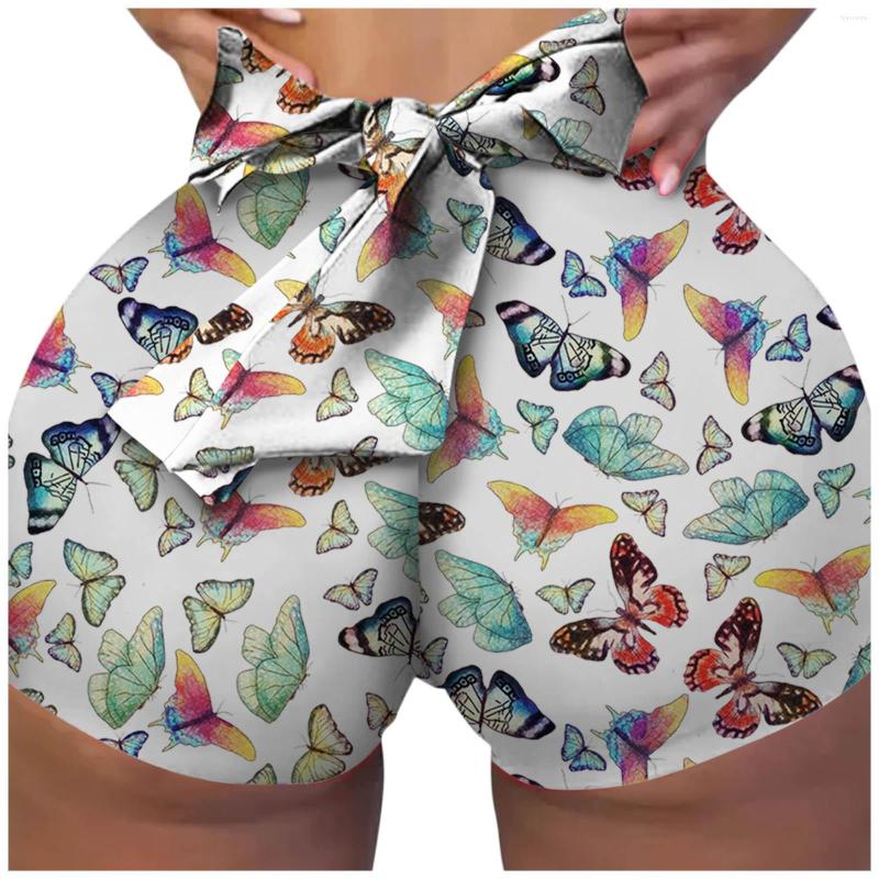 

Active Shorts Spring And Summer Women' Multicolor Printed Wrinkle Bow Slimming High Waist Ultra Short Casual Leggings, Creamy-white