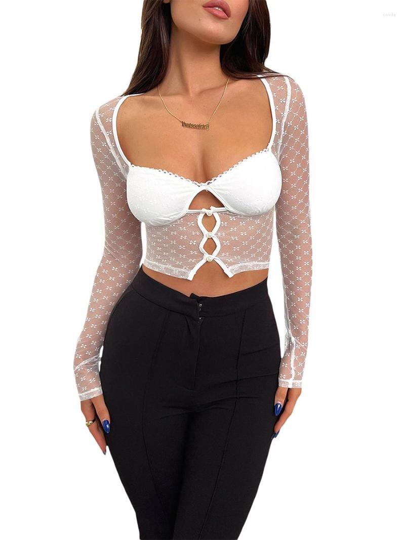 

Women' Tanks Lace See Through Crop Top Pearl Rhinestone Long Sleeve Tops Slim Fitted Tee Y2k Fairycore Cover Ups Shirt, Low cut lace red