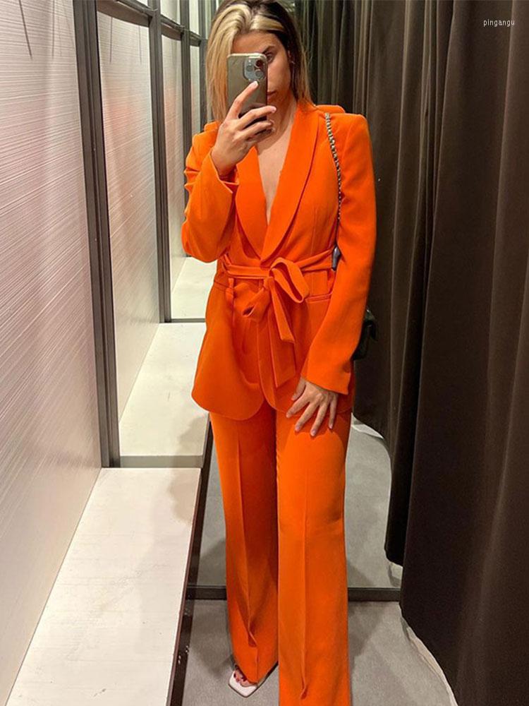 

Women's Two Piece Pants Women Fashion Solid Belt Blazer High Waist Straight Suit Elegant Long Sleeve Pockets 2 Set Chic Office Lady Outfits, Orange