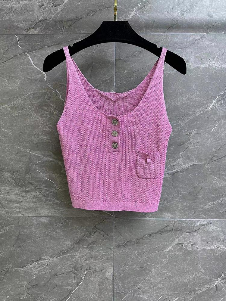 

Women's Tanks 2023 Fashion High Quality Shiny Pink Metallic Knit Straps Vest For Women Scoop Neck Slim Pocket Tank Top Female Spring Summer, Picture shown