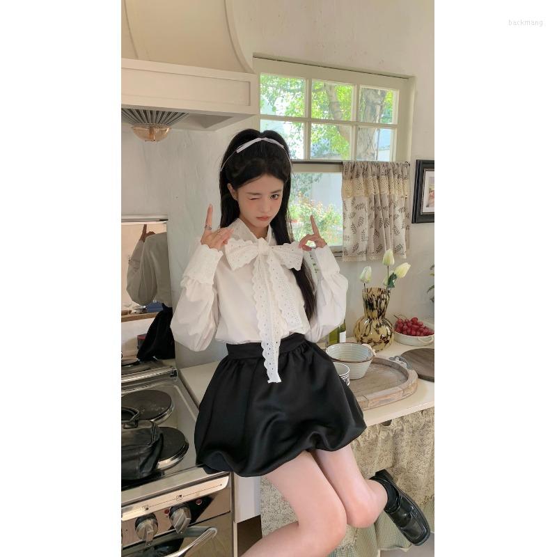 

Work Dresses Korean Style Sweet Girl Suit Women' Slim Fit Lace-up Long-sleeved Shirt Versatile High-waisted Puffy Skirt Two-piece Set, 2pc set