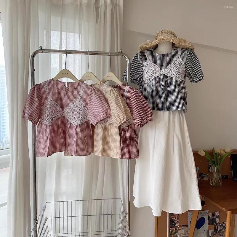 

Women's Blouses Plaid Shirts For Women Sweet Loose Retro Puff Short Sleeve Design French Style Summer Mujer Top, Pink