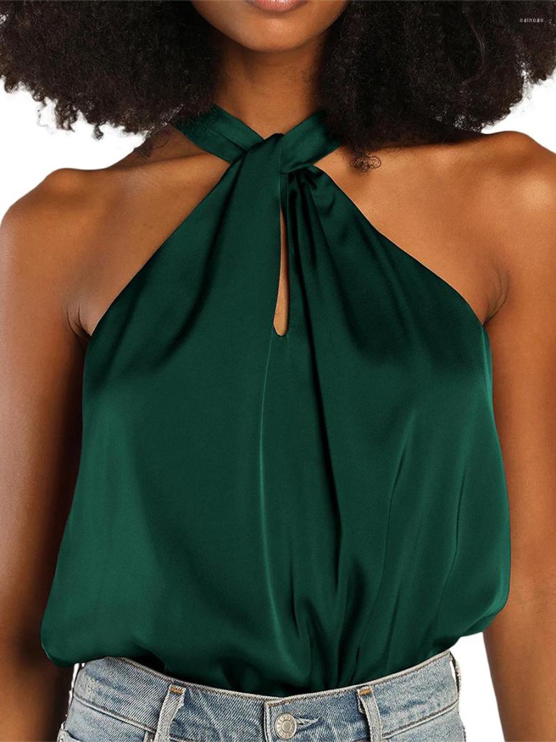

Women's Tanks Casual Tank Tops Satin Halter Cross Neck Shoulder Summer Club Streetware For Party Sleeveless Off Solid, Black-120900