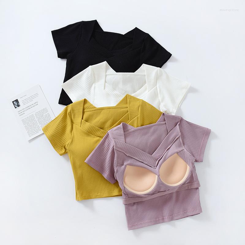 

Yoga Outfit Women's Short Sleeve Tank Tops With Chest Pad Summer One Piece Casual V-Neck Crop Top Built In Bra, Brick red