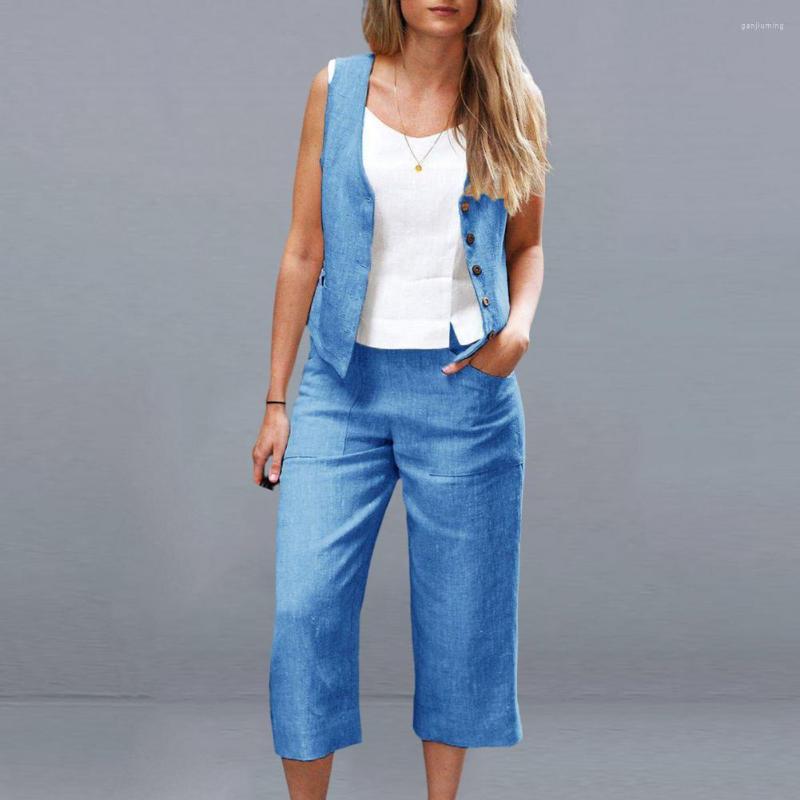 

Women' Two Piece Pants 2Pcs/Set Trendy Casual Outfit Pockets Anti-Pilling Women Solid Color Waistcoat Cropped Set, Blue