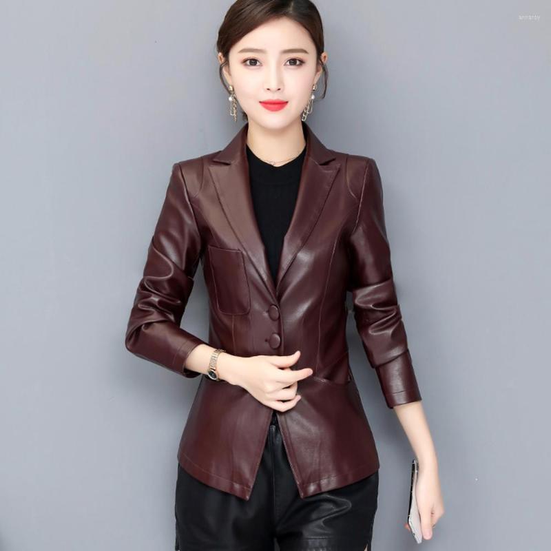 

Women's Leather Women Small Blazer Spring Autumn Fashion Suit Collar Single Breasted Slim Sheepskin Short Coat Split Jacket, Black