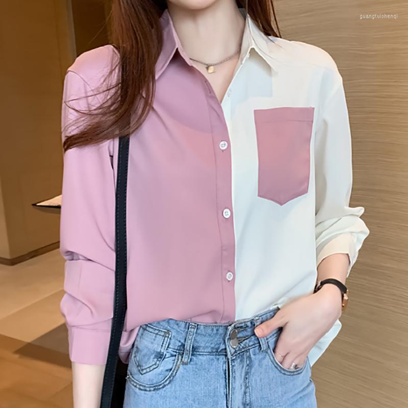 

Women' Blouses Pink Womens Tops And OL Style Loose Blouse Women Shirts Pocket Autumn 2023 Long Sleeve Patchwork Casual Korean Clothing, Green