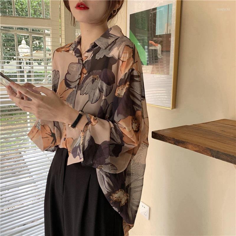

Women' Blouses Floral Chiffon Shirt Women' Summer Thin French Retro Design Sense Top Light Long-sleeved Sunscreen, Mixed color
