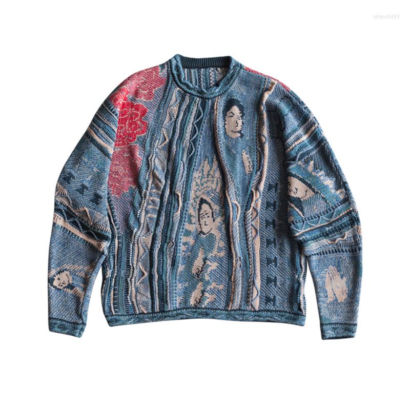 

Men' Sweaters Kapital Vintage Contrast Color Ethnic Portrait Knitted Men Pullover Japan Ancient Heavy Work Old Rose Printed Loose Sweater, Blue